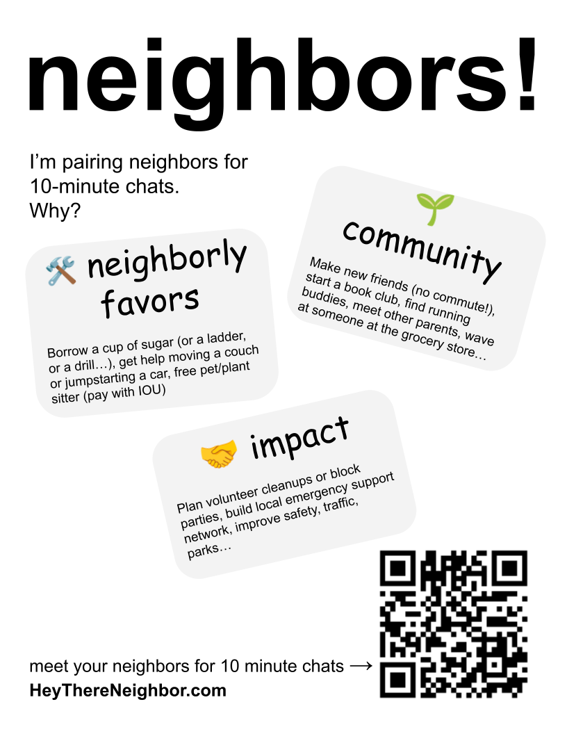 Flyer reading Let’s meet our neighbors, with the heythereneighbor.com address